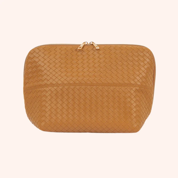 Expandable Fold-Side Woven Vegan Leather Daily Travel Cosmetic Bag