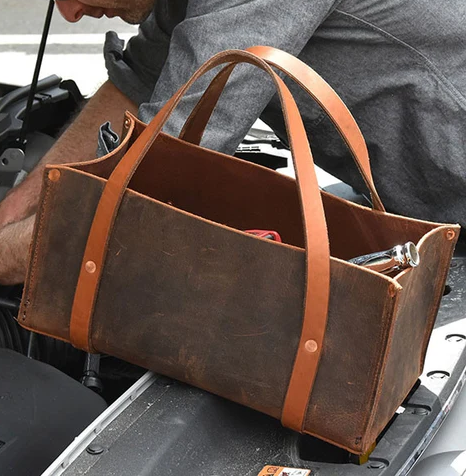 Thick Hide Hand-Stitched Open-Top Portable Leather Tool Bag