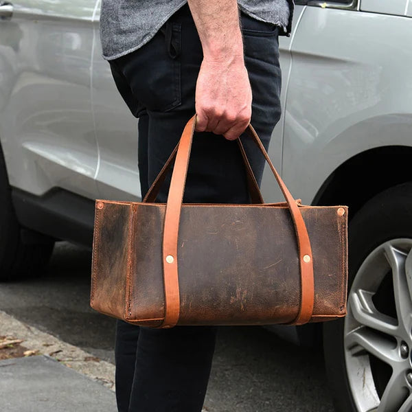 Thick Hide Hand-Stitched Open-Top Portable Leather Tool Bag
