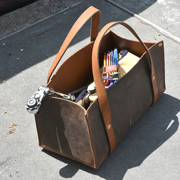 Thick Hide Hand-Stitched Open-Top Portable Leather Tool Bag