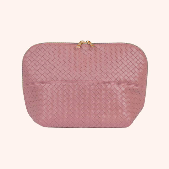 Expandable Fold-Side Woven Vegan Leather Daily Travel Cosmetic Bag