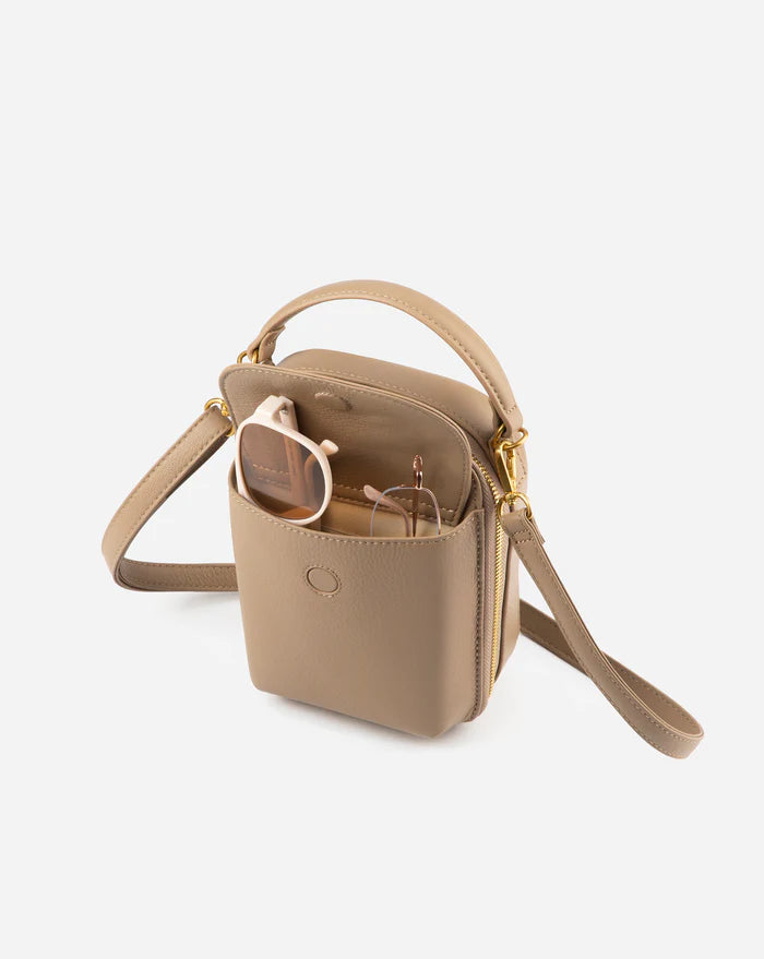 RFID Blocking Mini Leather Sling Bag With Glasses Storage Compartment